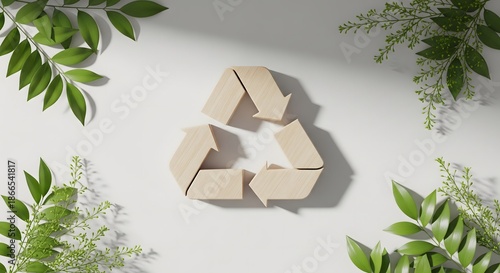 Recycling symbol surrounded by lush greenery on a white background