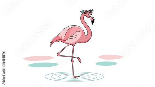 Elegant Flamingo With Floral Crown Standing In Water Decorative Illustration