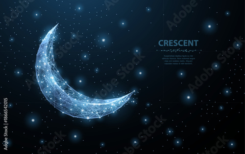 Vector crescent moon. Abstract polygonal wireframe moon illustration on dark blue night sky background with stars of universe space. Night symbol. Arabic, islamic, muslim, ramadan design

