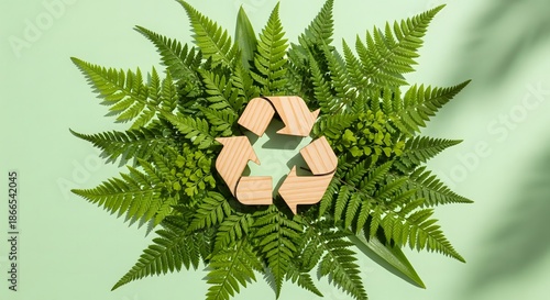 Recycling symbol surrounded by lush green ferns on a light green background