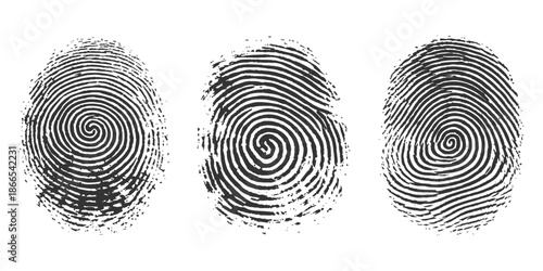 A unique black ink fingerprint vector illustration featuring a detailed thumbprint pattern for digital identity security and forensic criminal evidence identification design