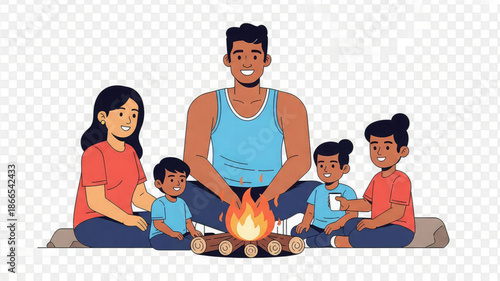 A happy family of five sitting around a campfire on a transparent