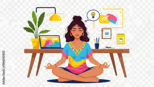 Woman meditating in lotus position at desk with laptop and plant