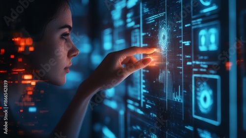 A female hand touches a bright holographic screen displaying data. generative ai
