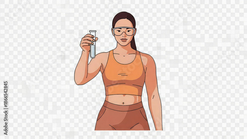 Woman in orange workout gear holding a test tube with a thoughtful