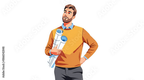 Smiling man holding architectural blueprints in casual outfit
