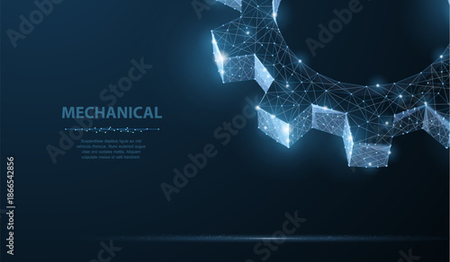 Gears. Abstract vector wireframe two gear 3d modern illustration on dark blue background. Mechanical technology machine engineering symbol. Industry development, engine work, business solution concept