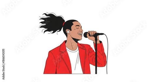 Woman singing into a microphone with a red jacket and white shirt