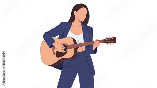 Woman playing acoustic guitar in blue business suit and white top