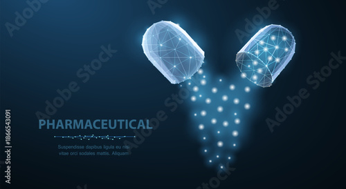 Pills. Abstract polygonal wireframe two capsule pills on blue. Medical, pharmacy, health, vitamin, antibiotic, pharmaceutical, treatment concept illustration or background

