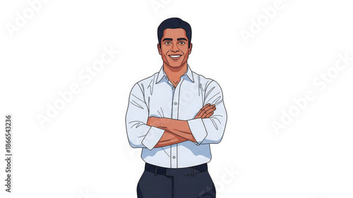 Smiling young man in white shirt with arms crossed standing