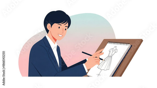 Fashion designer drawing a dress on a sketchpad with a pencil
