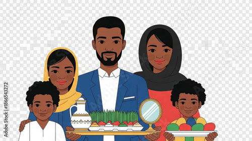 Diverse family with kids holding tray of food and mirror