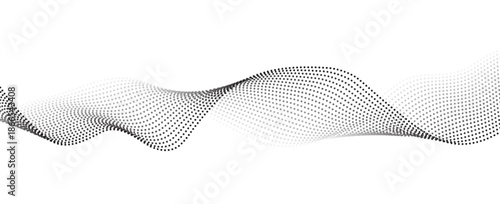 Flowing dots particles wave pattern halftone gradient curve shape isolated on white background. Vector in concept of technology, science, music, modern.
