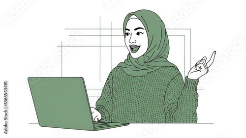 Woman in green hijab and sweater working on laptop with excited