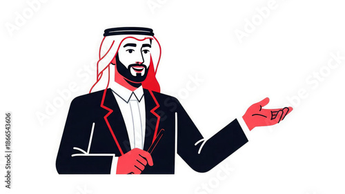 A smiling arab businessman in a suit and traditional headscarf