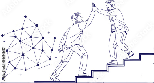 Business partnership rising career success and high five gesture line art vector illustration