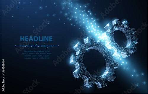 Gears. Abstract vector wireframe two gear 3d modern illustration on dark blue background. Mechanical technology machine engineering symbol. Industry development, engine work, business solution concept