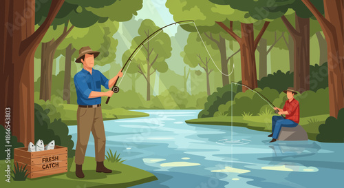 Two Men Enjoying a Day of Fishing in a Forest Stream.