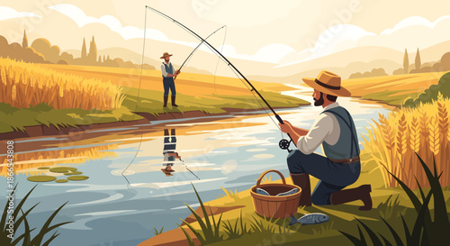 Two Men Fishing by a River in a Rural Landscape.