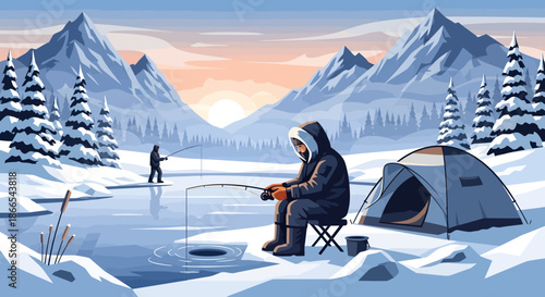 Winter Ice Fishing Scene Man Angling in Snowy Landscape.