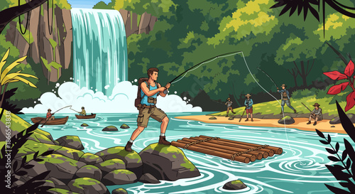 Adventurous Angler Casting Line in Lush Jungle River.