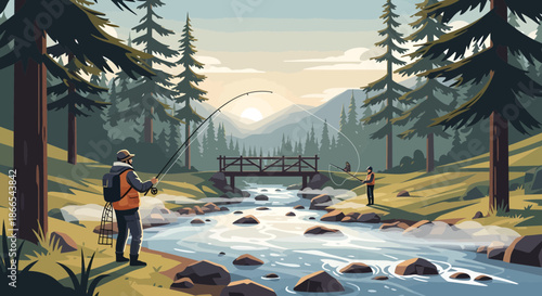 Anglers Enjoying Fly Fishing in a Serene Mountain River Landscape.