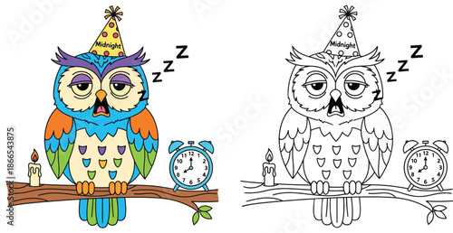 Adorable drowsy owl with a candle on a tree, an alarm clock, and a midnight party hat
