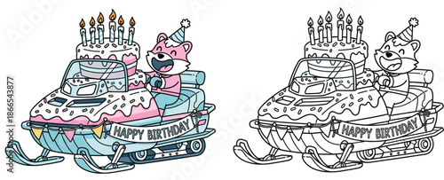A cute fox with a banner and candles is operating a birthday cake snowmobile For children's coloring book pages