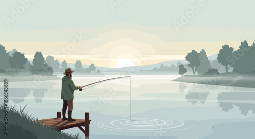 Fisherman casting line from dock at dawn serene fishing scene.
