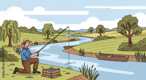 Fisherman Kneeling by Riverbank Casting Line for Fish.