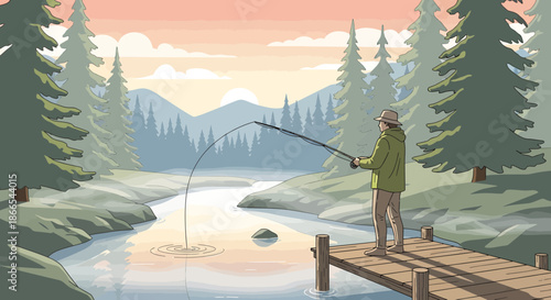 Fisherman on Dock Casting Rod in Serene Lake Landscape.