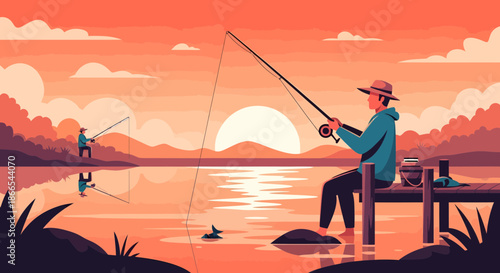 Fishermen at Sunset A Serene Lakeside Fishing Scene.