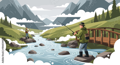 Fishermen Enjoying a Day of Fishing in a Mountain River.