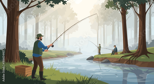 Fishermen Enjoying a Peaceful Day by the River.