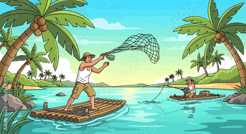 Fishermen on Rafts Casting Nets in a Tropical Lagoon.