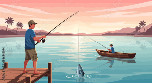 Fishermen Enjoying a Peaceful Day of Fishing on the Lake.