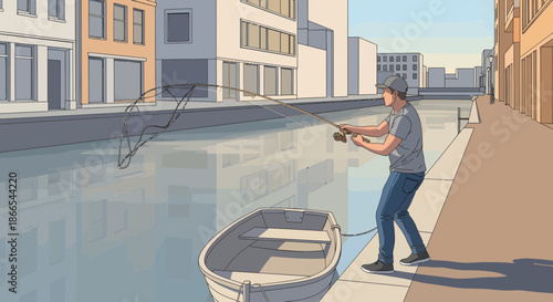 Man Fishing from Canal Bank with Small Boat.