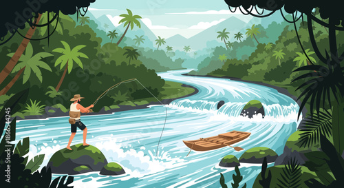 Man fishing in a tropical river with a boat.