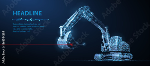 Excavator. Abstract vector 3d excavator isolated on blue background. Construction, building, heavy machine, industrial machinery, mining concept illustration

