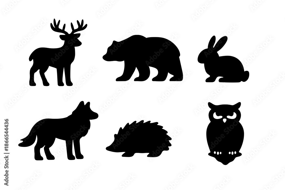 Obraz premium Wildlife Icon Set. Solid vector icons of wildlife animals: deer, bear, rabbit, wolf, hedgehog, owl No text, No labels, isolated