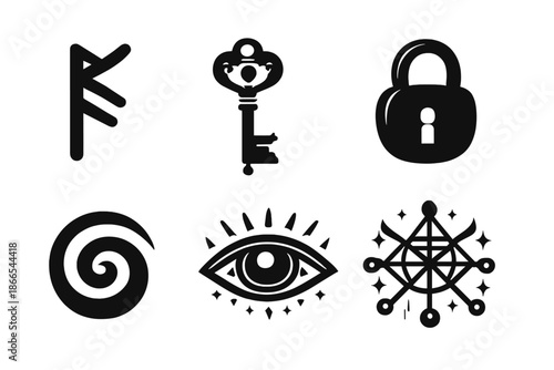 Mystical Symbol Icons. Solid vector icons of mystical symbols: rune, key, lock, spiral, eye, sigil No text, No labels, isolated