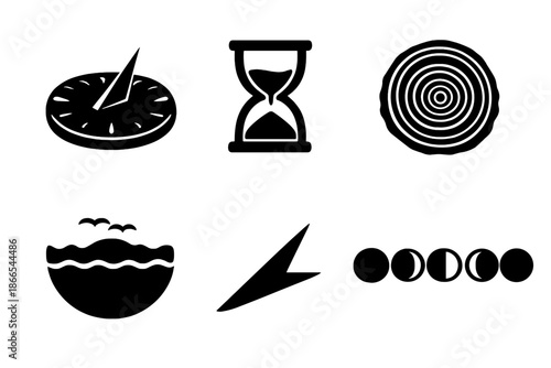 Natural Time Icons. Solid vector icons of natural time indicators: sundial, hourglass, rings of tree trunk, tide mark, shadow line