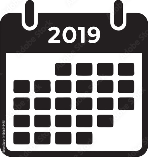 Black and white calendar with the year 2019 displayed prominently at the also transparent background