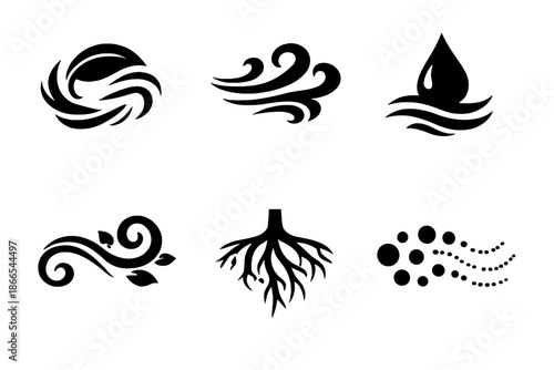 Nature's Energy Icons. Solid vector icons of flowing energy in nature: leaf swirl, wind gust, water trickle, vine curl, root