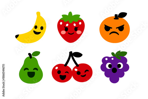 Anthropomorphic Fruit Icons. Solid vector icons of anthropomorphic fruits: banana with smile, strawberry with blush, orange with
