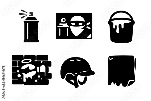 Street Art Icons. Solid vector icons of street art and graffiti: spray can, stencil, paint bucket, wall mural, helmet, poster No