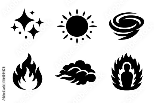 Abstract Magic Effects. Solid vector icons of abstract magic effects: spark, glow, swirl, flame, mist, aura No text, No labels,