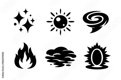 Abstract Magic Effects. Solid vector icons of abstract magic effects: spark, glow, swirl, flame, mist, aura No text, No labels,