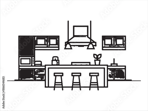 Modern kitchen interior with island and bar stools